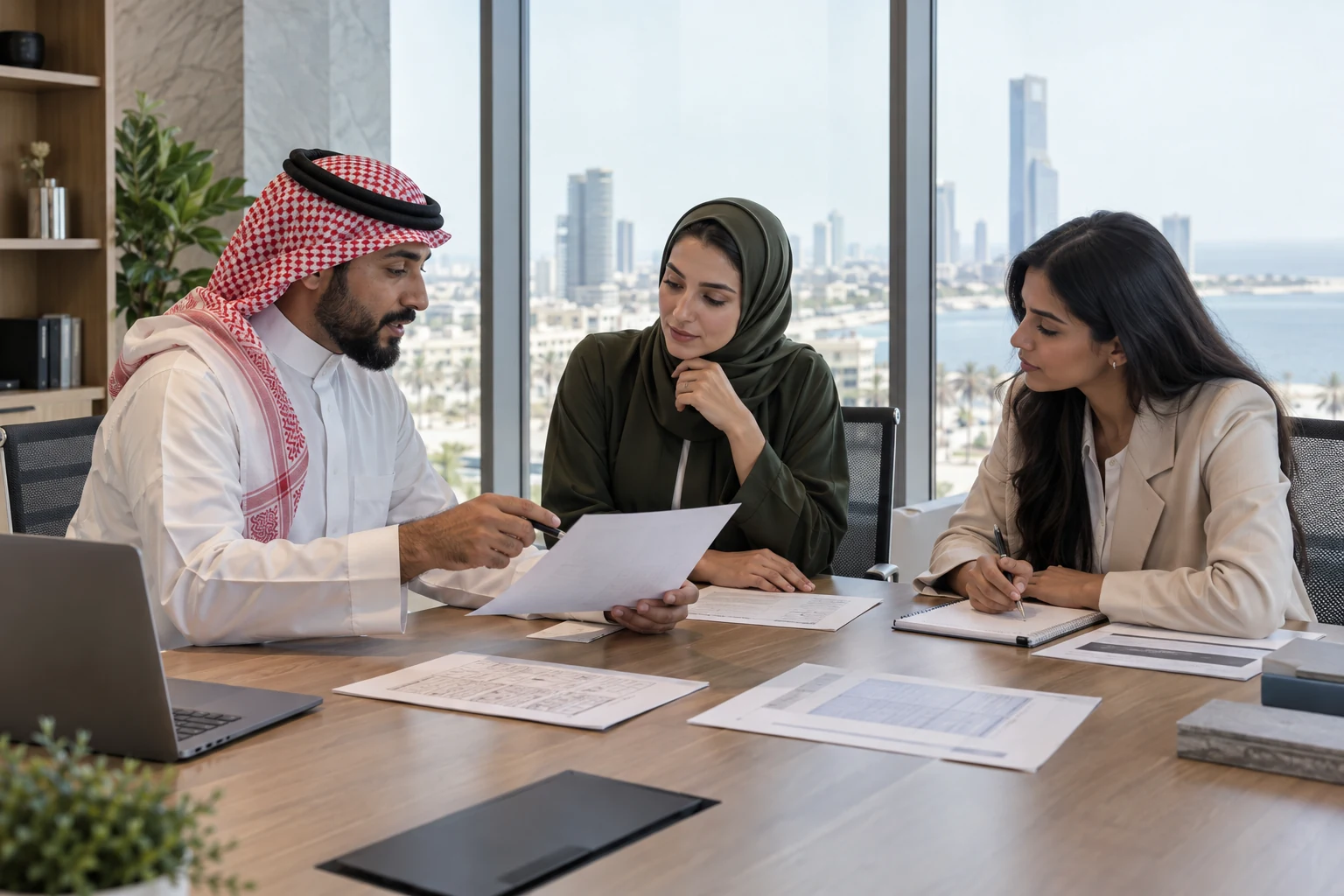 Jeddah employer and recruitment coordinators reviewing a workforce plan in one office meeting