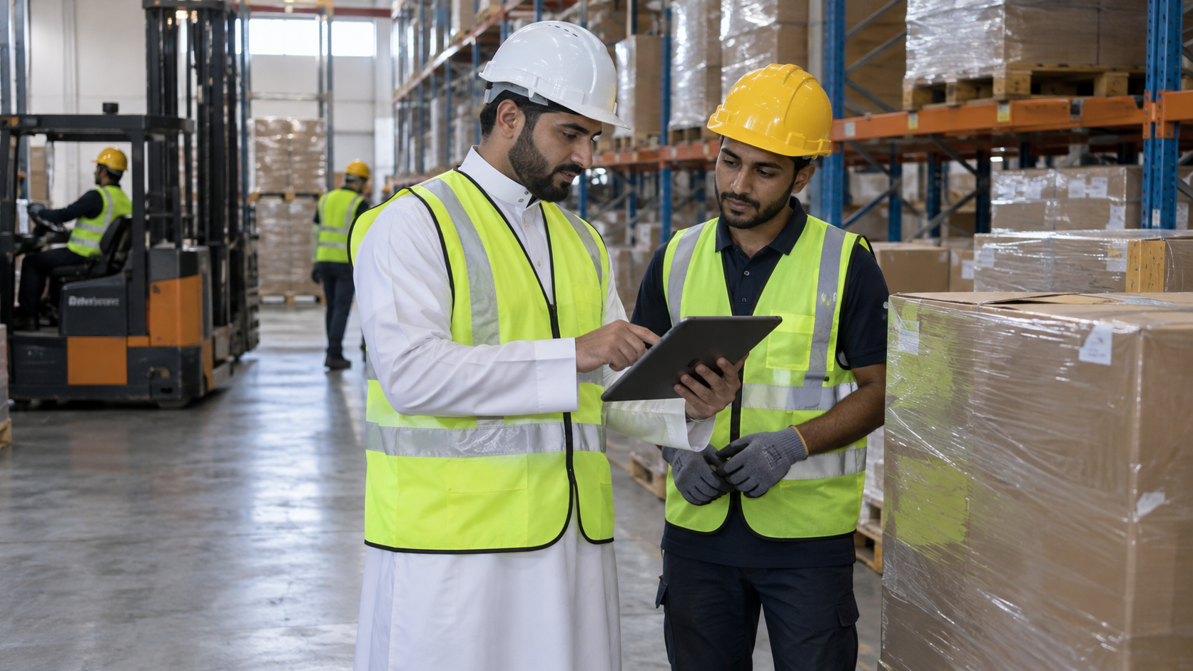 Warehouse supervisor and worker reviewing a tablet beside pallets in a distribution warehouse
